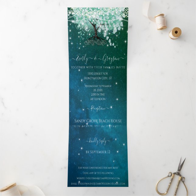 Mint Green Aqua Sea Blue Heart Leaf Tree Wedding Tri-Fold Invitation (Inside)