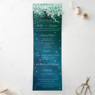 Mint Green Aqua Sea Blue Heart Leaf Tree Wedding Tri-Fold Invitation