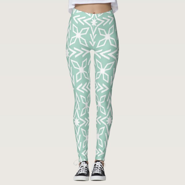 Mint Green Aqua Seafoam and White Print Leggings (Front)