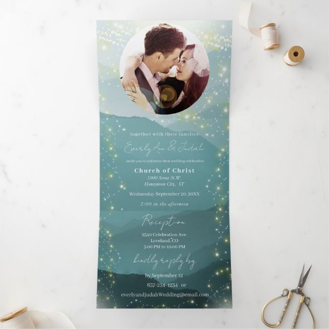 Mint Green Ash Mountain Hillside Wedding Tri-Fold Invitation (Inside)