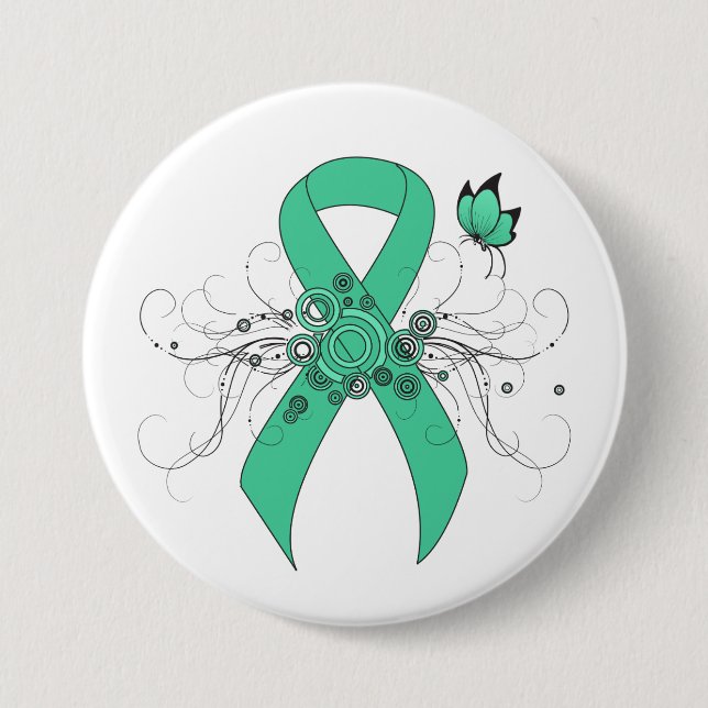Mint Green Awareness Ribbon with Butterfly 7.5 Cm Round Badge (Front)