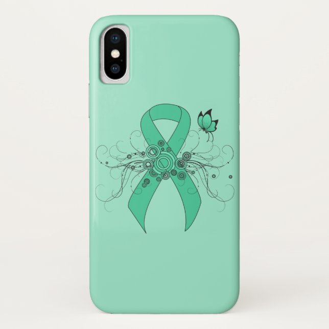 Mint Green Awareness Ribbon with Butterfly Case-Mate iPhone Case (Back)