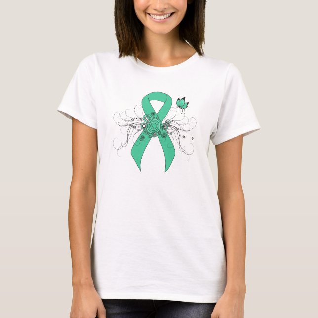 Mint Green Awareness Ribbon with Butterfly T-Shirt (Front)