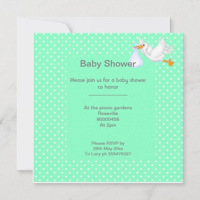 Mint green babyshower single stork invitation (Front)