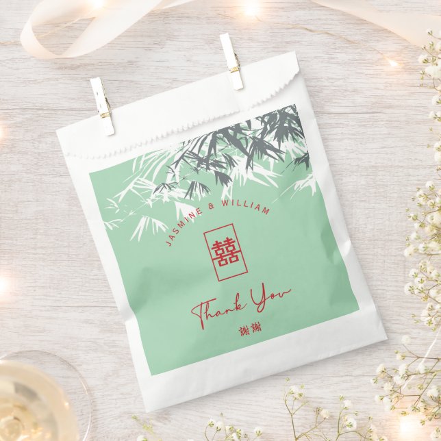 Mint Green Bamboo Leaves Double Xi Chinese Wedding Favour Bags (Clipped)