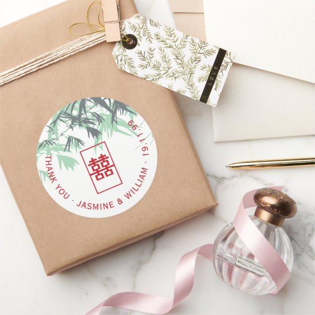 Mint Green Bamboo Leaves Shuang Xi Chinese Wedding Classic Round Sticker (Gifting)