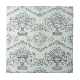 Mint Green Baroque Cherub and Floral Urn Toile Tile