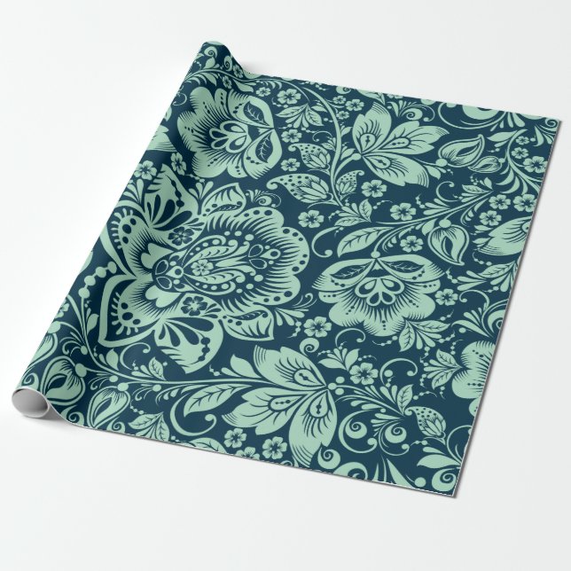 Mint Green Baroque Floral Damasks On Blue Wrapping Paper (Unrolled)