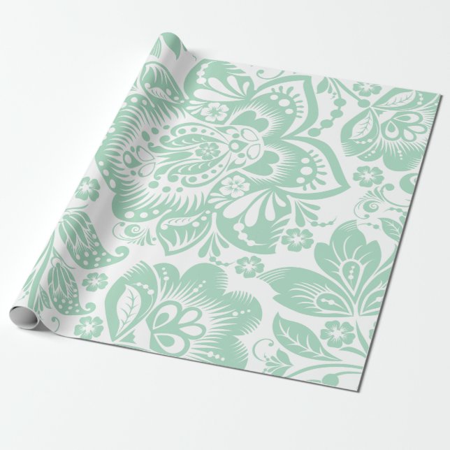 Mint Green Baroque Floral Damasks On White No. 2 Wrapping Paper (Unrolled)
