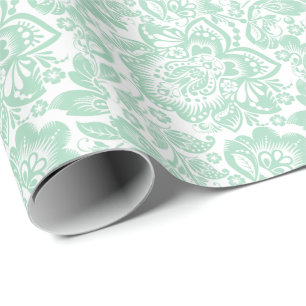 Mint Green Baroque Floral Damasks On White Wrapping Paper