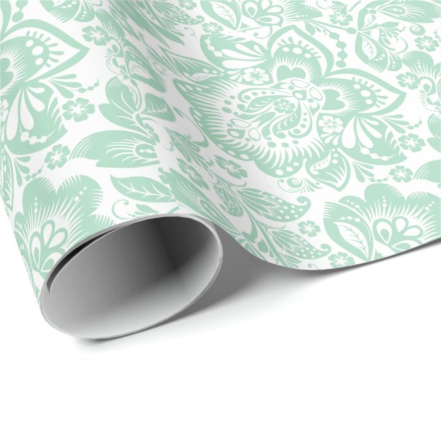 Mint Green Baroque Floral Damasks On White Wrapping Paper (Roll Corner)