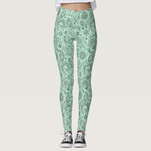 Mint Green Batik boho style floral paisley pattern Leggings