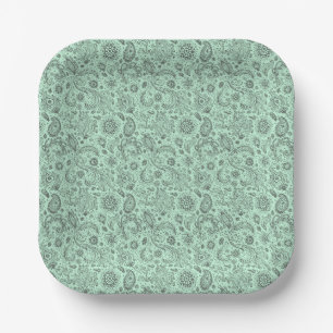 Mint Green Batik boho style floral paisley pattern Paper Plate
