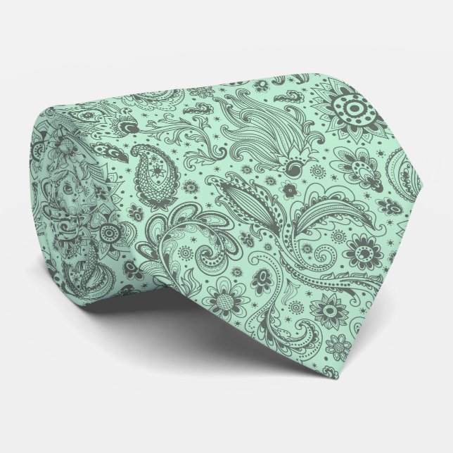 Mint Green Batik boho style floral paisley pattern Tie (Rolled)