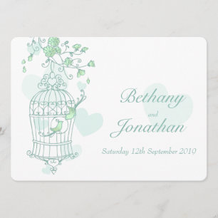 Mint green birds open cage wedding invitation