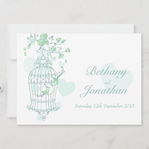 Mint green birds open cage wedding invitation