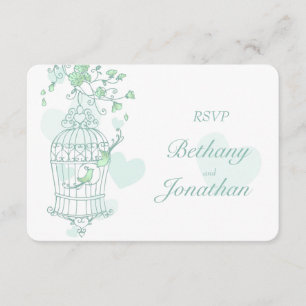 Mint green birds open cage wedding RSVP