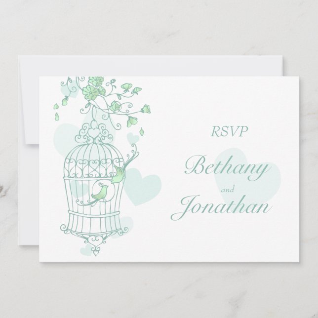 Mint green birds open cage wedding RSVP Invitation (Front)