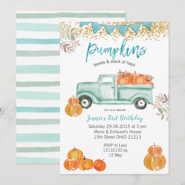 Mint Green Birthday Blue Pumpkin Truck Birthday Invitation (Front/Back)