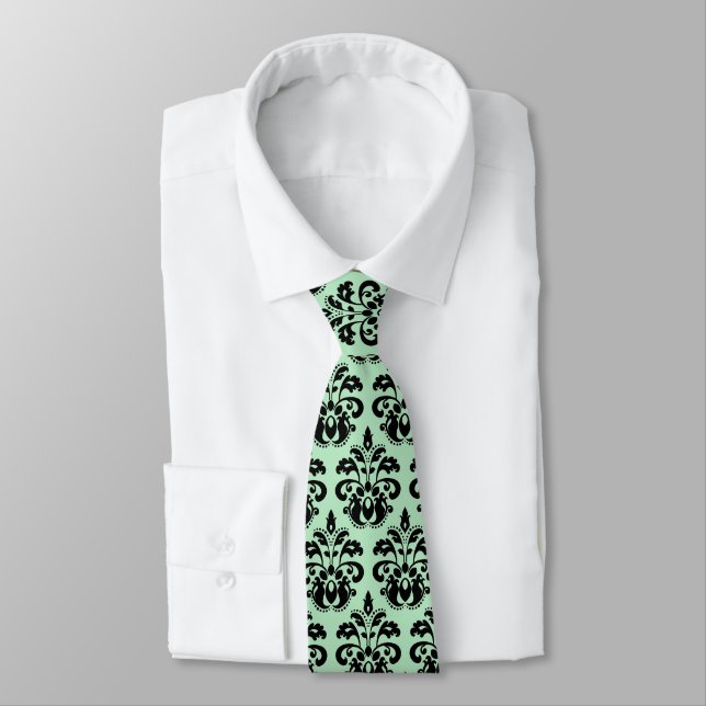 Mint green black | elegant vintage damask tie (Tied)