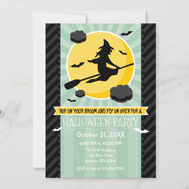 Mint Green Black Grey Witch Halloween Invitation (Front)