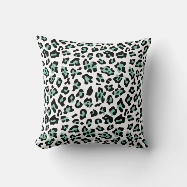 Mint Green Black Leopard Animal Print Pattern Cushion (Front)