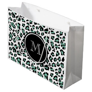 Mint Green Black Leopard Animal Print with Monogra Large Gift Bag