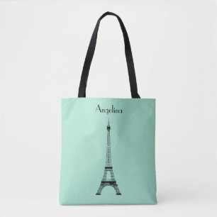Mint Green Black Paris Eiffel Tower with Name Tote Bag