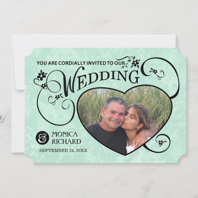 Mint Green & Black Photo Heart Wedding Invite (Front)