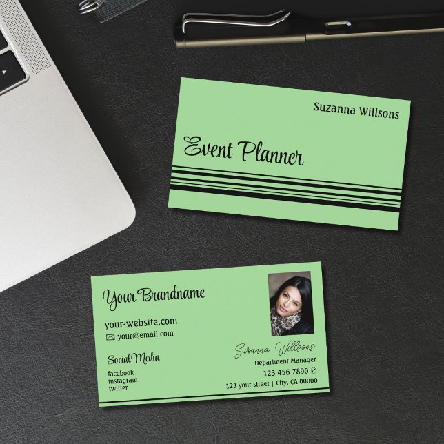 Mint Green Black Stripes with Photo Professional Business Card (Creator Uploaded)
