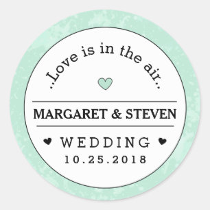 Mint Green Black & White Wedding Custom Names Love Classic Round Sticker
