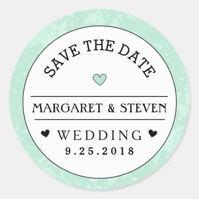 Mint Green Black & White Wedding Save the Date Classic Round Sticker (Front)