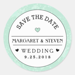 Mint Green Black & White Wedding Save the Date Classic Round Sticker