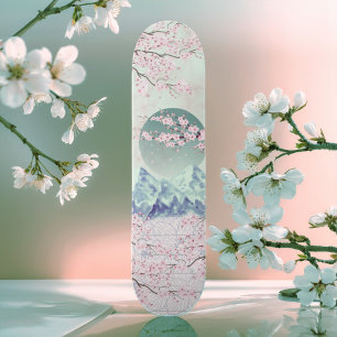 Mint Green Blue Pink Cherry Blossom Moon Mountain  Skateboard