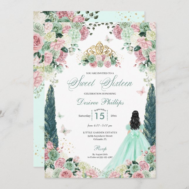 Mint Green & Blush Enchanted Garden Sweet Sixteen Invitation (Front/Back)