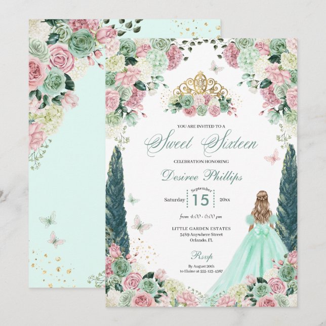 Mint Green & Blush Enchanted Garden Sweet Sixteen Invitation (Front/Back)