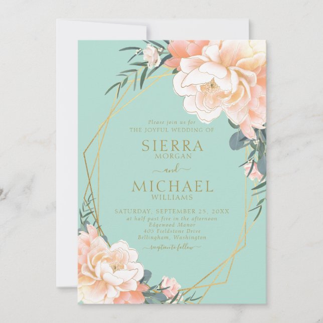 Mint Green Blush Peach Cream Gold Floral Wedding Invitation (Front)