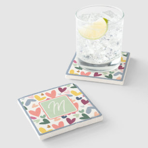 Mint Green Blush Pink Blue Heart Art Pattern Stone Coaster