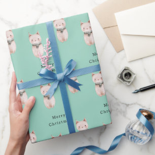 Mint Green Blush Pink Cat Christmas Wrapping Paper