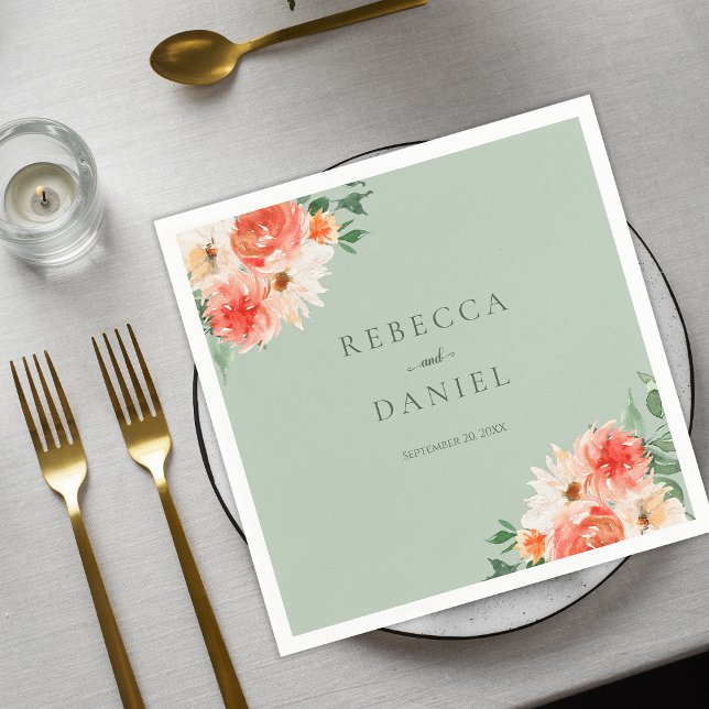 Mint Green Boho Orange Wildflowers Wedding  Napkin (Creator Uploaded)