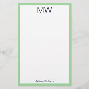 Mint Green Border Name Monogram Initials Personal Stationery