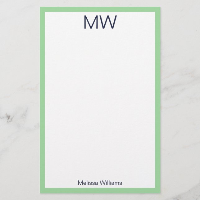 Mint Green Border Name Monogram Initials Personal Stationery (Front)