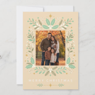 Mint Green Botanical Merry Christmas Custom Family Holiday Card