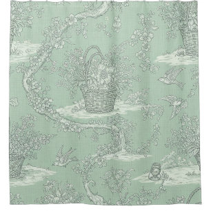 Mint Green Botanical Toile with Floral Bouquets 2 Shower Curtain