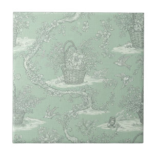 Mint Green Botanical Toile with Floral Bouquets 2 Tile