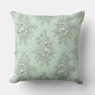 Mint Green Botanical Toile with Floral Bouquets Cushion