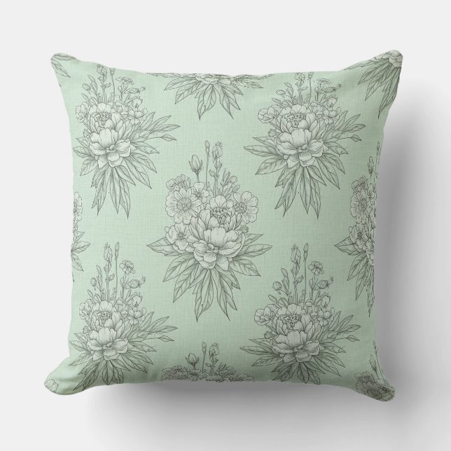 Mint Green Botanical Toile with Floral Bouquets Cushion (Front)