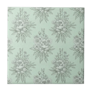 Mint Green Botanical Toile with Floral Bouquets Tile