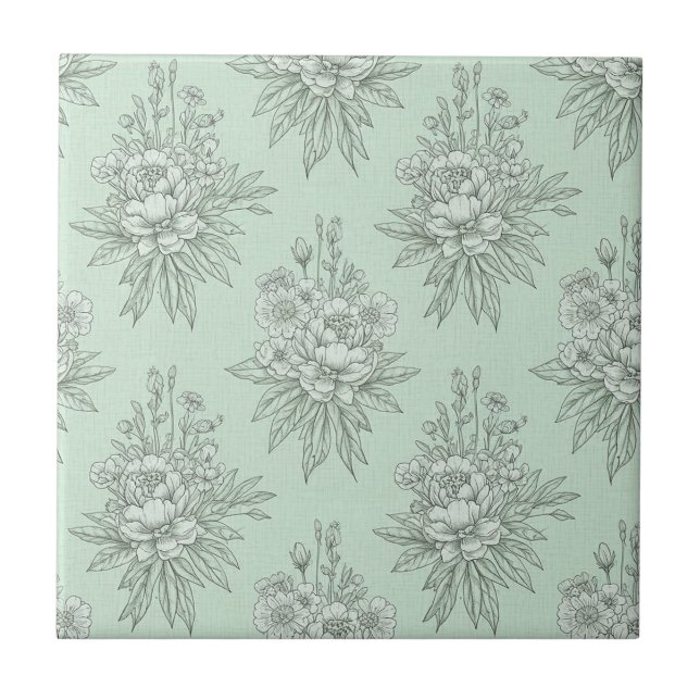 Mint Green Botanical Toile with Floral Bouquets Tile (Front)