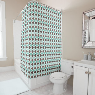 MINT GREEN & BROWN DIAMOND PATTERNS SHOWER CURTAIN